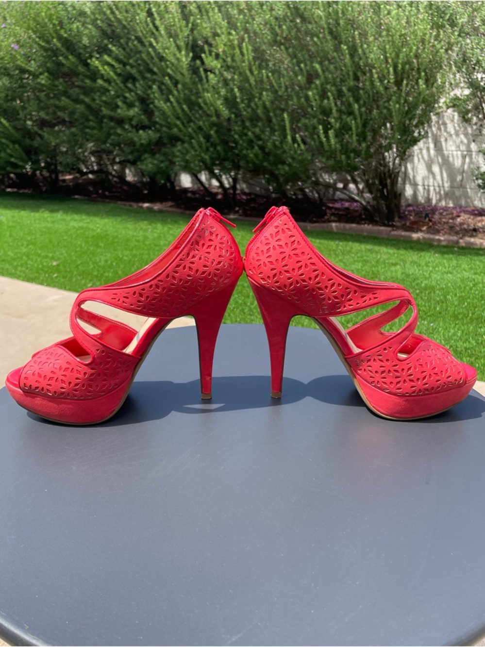 Coral Color Laser-Cut High Heel Platform with peep toe.